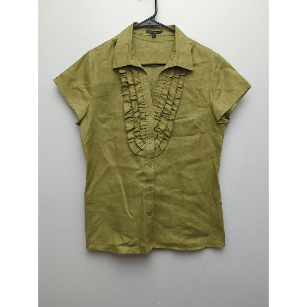D5 FOR  CYNTHIA Women's Olive Green 100% Linen Blouse Sz Large V Neck Ruffles